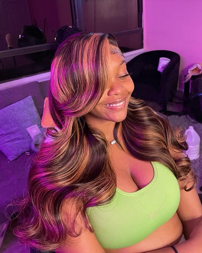 Virgin hair highlight color body wave high quality wig - Premium human hair wig with stunning highlight color and alluring body wave texture for a trendy and glamorous look.